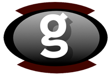 A stylized lowercase 'g' inside a black oval with a maroon border.