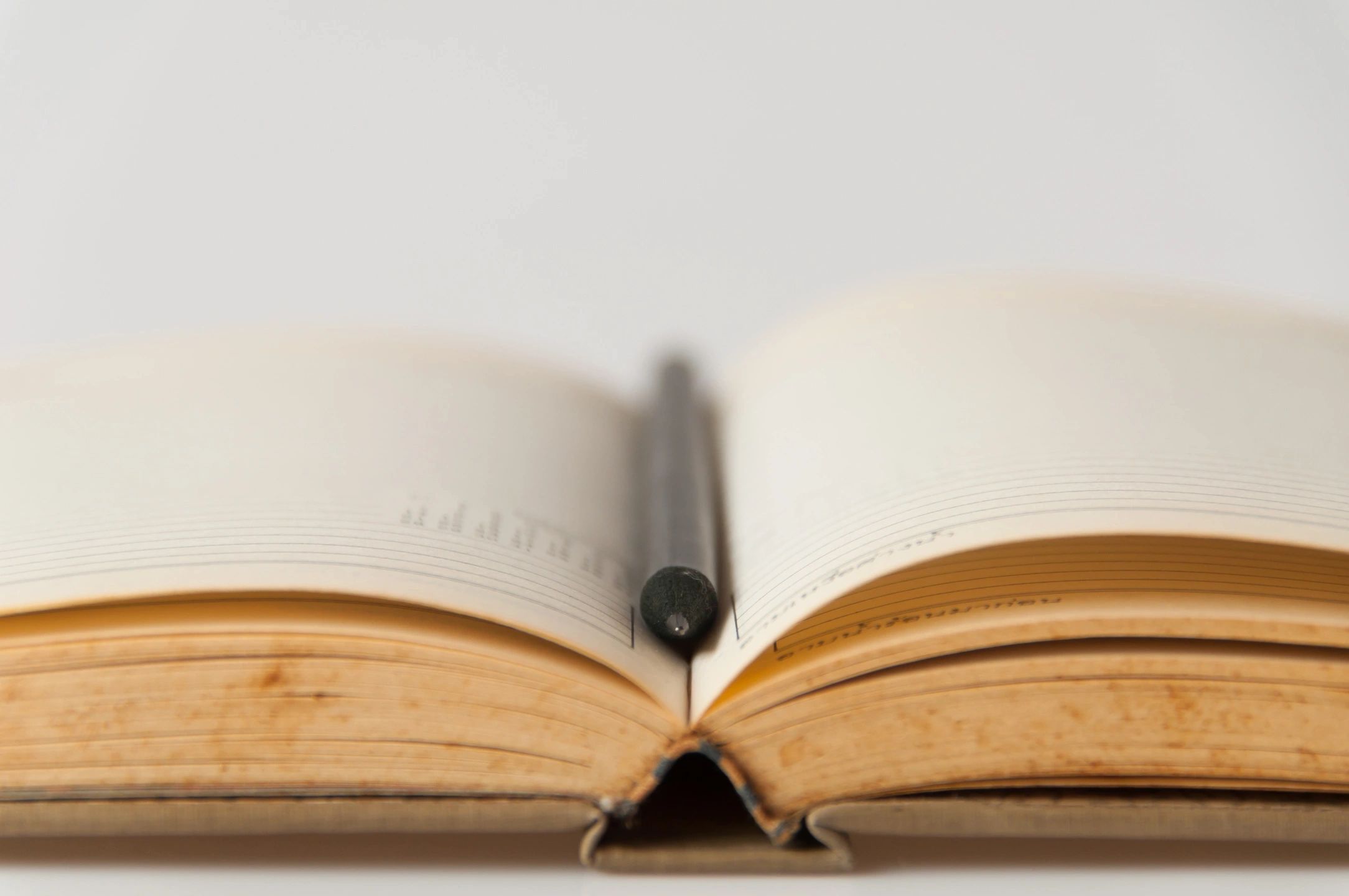 Open book with a pen resting in the crease, ready for writing.
