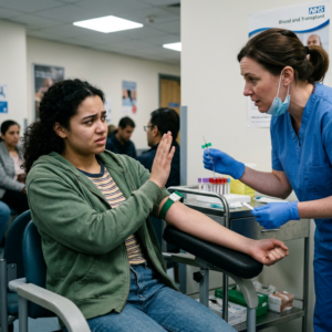 Woman raising hand to refuse blood draw from nurse in clinic